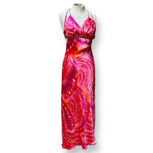 Y2k Pink Tie-Dye Beaded Satin Prom Dress Maxi Formal Gown Halter Tie-Back XS